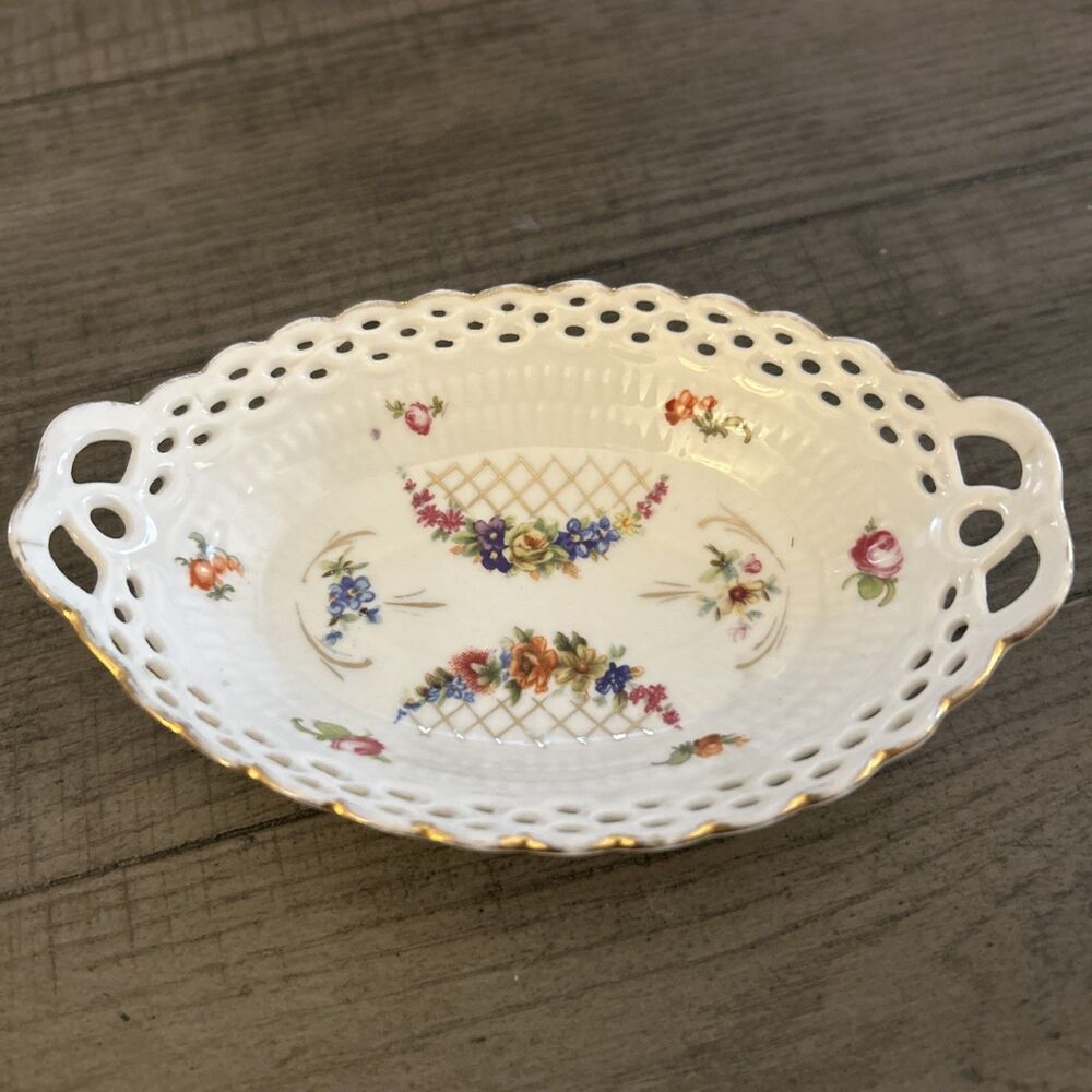 Antique German Reticulated Porcelain Floral Basket Dish